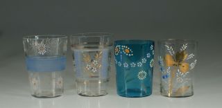 Set Of 4 Assorted Victorian Glass Tumblers Handpainted Flowers C.  1890 - Set 3