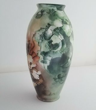 Rare Vintage 1902 Antique Hand Painted Vase Belleek Leaves Flowers Green Brown
