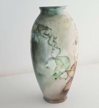 RARE Vintage 1902 Antique Hand Painted Vase Belleek leaves flowers green brown 3