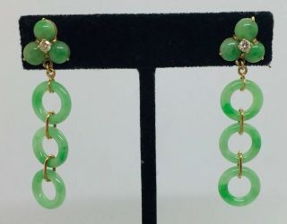 Vintage 14k Yellow Gold Green Jade & Diamond Long Dangle Loop Earrings