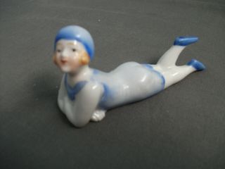 Antique Bathing Beauty Figurine - Glazed Blue - Japan - 3 7/8 " L X 2 " T - 7 Cs