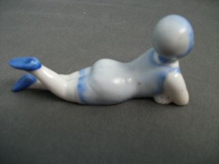 ANTIQUE BATHING BEAUTY FIGURINE - GLAZED BLUE - JAPAN - 3 7/8 