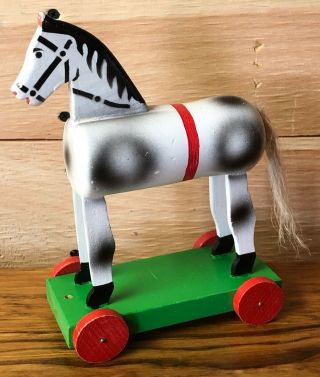 Vintage/antique Wooden Horse Pony Pull Toy On Wheels Germany Odenwalder