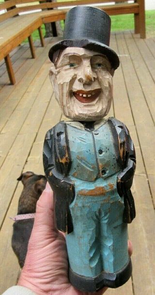 Vintage Folk Art Wood Carved Man With Top Hat Brush Holder With Brush