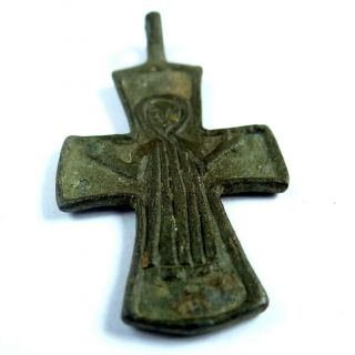 Ancient Artifact Medieval Bronze Cross With Saint