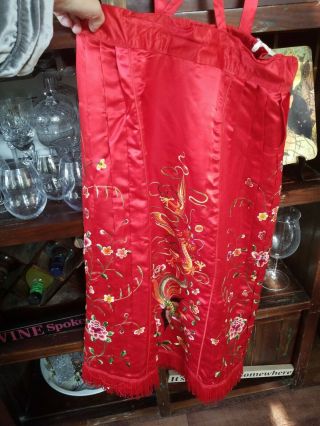 Women ' s Red Silk Chinese Dragon Embroidered Overalls Dress - fringe trim 5