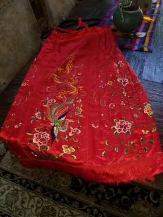 Women ' s Red Silk Chinese Dragon Embroidered Overalls Dress - fringe trim 6
