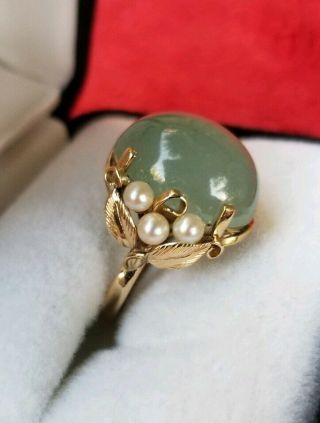 Vintage Chinese 14k Yellow Gold Green Jade & Pearls Cocktail Ming Ring