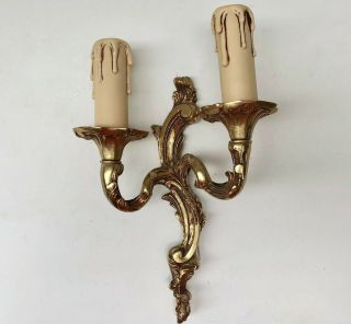 Vintage French Brass Double Candle Sconce Electric Wall Light Marked Bronze