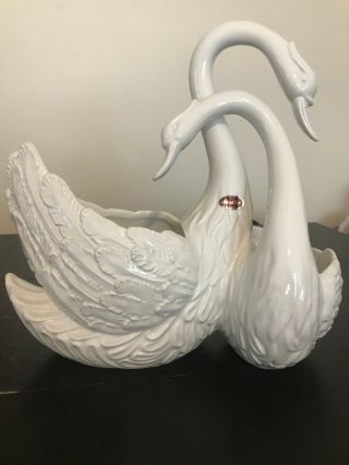 Vintage Double Ceramic Swan Planter.  White.  Made In Italy.  Pre - Owned.  Great Cond.