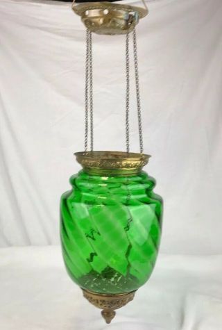 Antique Victorian Hall Hanging Oil Lamp Green Swirl Shade