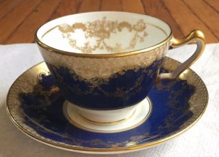 Crown Staffordshire Tea Cup & Saucer,  Gold Roses & Cobalt Blue,