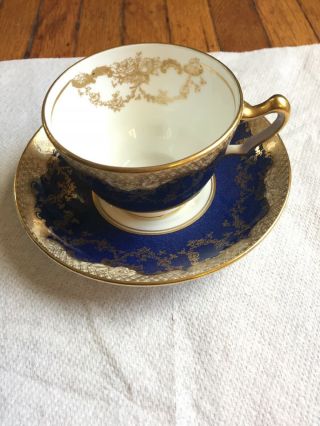 Crown Staffordshire Tea Cup & Saucer,  Gold Roses & Cobalt Blue, 2