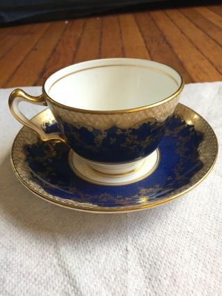 Crown Staffordshire Tea Cup & Saucer,  Gold Roses & Cobalt Blue, 4
