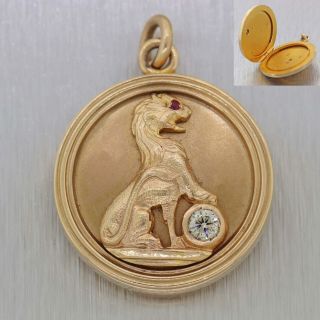 Antique Art Deco 14k Yellow Gold Foo Dogs Chinese Guard Lion Locket Diamond Pend
