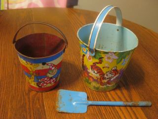 Two - Ohio Art Sand Pails - & - One Shovel - Clown Children W/pull Toys - Baby Tigers