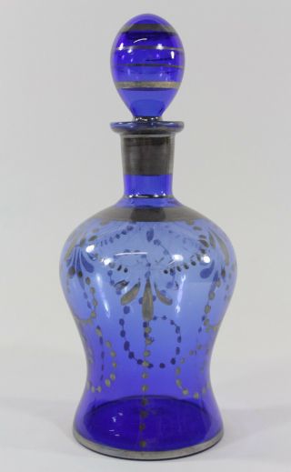 Glass Decanter Bottle With Stopper Silver - Painted Overlay Cobalt Bristol Blue