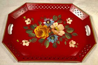 Vintage 20 " X 15 " Hand Tole Painted Reticulated Sides Metal Serving Tray