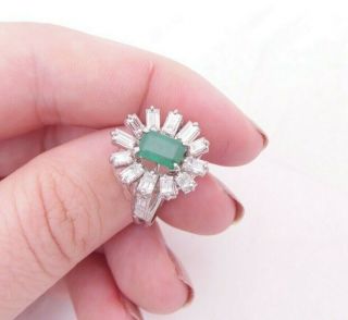 Platinum 2ct Baguette Cut Diamond 3/4ct Emerald Heavy Art Deco Design Ring