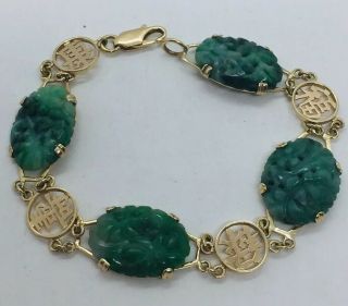 Vintage Chinese 18k Yellow Gold & Carved Green Jade Bracelet