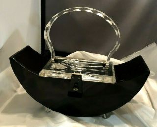 Rare Patricia Of Miami Lucite Curved Top Handbag Or Purse Black Clear Carved Top