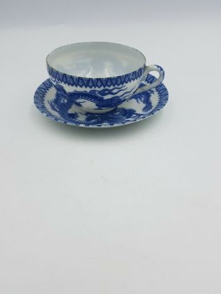 Antique Japanese Eggshell Porcelain Tea Cup Saucer Blue White Dragon & Pearl Duo