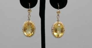 Huge Gorgeous 28 Carat Citrine 14k Gold Earrings W Seed Pearls