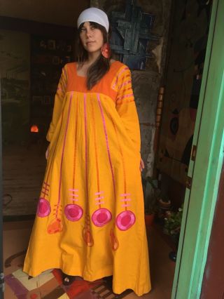 Vtg 70s Mama Carlota Hippie Festival Folk Gypsy Boho Caftan Mexican Maxi Dress