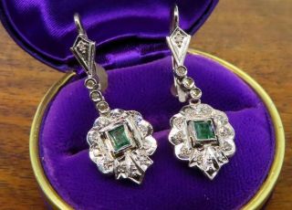 Vintage Palladium Antique Art Deco Colombian Emerald Diamond Filigree Earrings