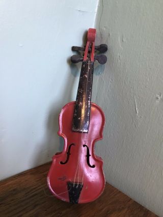 Vintage Antique Red Tin Toy Violin Made In Czecho - Slovakia