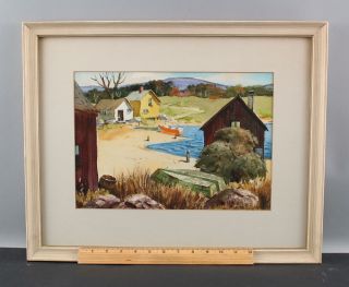 Antique Henry Gasser Watercolor Painting Jersey Country Lake Home & Rowboat