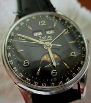 Vintage 1960s Zodiac Moonphase Triple Date Wristwatch Swiss