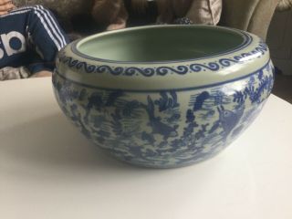 Vintage Chinese Blue And White Koi Carp Decoration Porcelain Fish Bowl Signed 2
