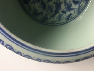 Vintage Chinese Blue And White Koi Carp Decoration Porcelain Fish Bowl Signed 6