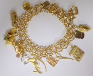 Vintage 1960s 14k Gold Charm Bracelet 16 Charms 14mm Wide Hallmark 63.  3 Grams