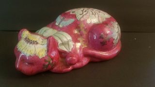 Vintage Chinese Export Famille Rose Hand - Painted Porcelain Sleeping Cat