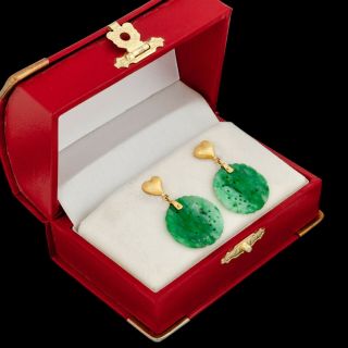 Antique Vintage Deco 18k Yellow Gold Chinese Carved Floral Jadeite Jade Earrings