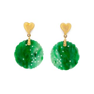 Antique Vintage Deco 18k Yellow Gold Chinese Carved Floral Jadeite Jade Earrings 2
