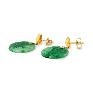 Antique Vintage Deco 18k Yellow Gold Chinese Carved Floral Jadeite Jade Earrings 3