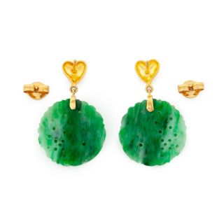 Antique Vintage Deco 18k Yellow Gold Chinese Carved Floral Jadeite Jade Earrings 4
