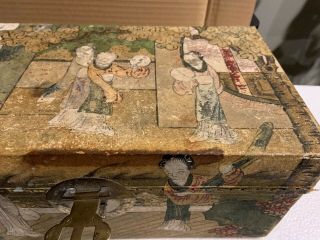 Antique hand painted pig skin covered small travel trunk / box 6