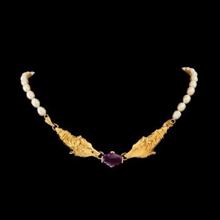 Antique Vintage Deco Retro 18k Gold Etruscan Siberian Amethyst Pearl Necklace 2