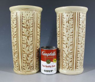 Pair Antique 1920 ' s Weller Ware Pottery Clinton Oak Leaf Vases 10 