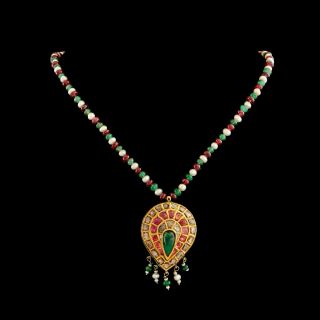 Antique Vintage Art Nouveau 18k 22k Gold Mughal Diamond Emerald Wedding Necklace 3