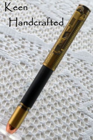 Hk - Keen Handcrafted Handmade Ancient Bog Oak Antique Brass 45 Caliber Pen