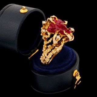 Antique Vintage Deco Mid Century 14k Gold Brutalist Ruby & Diamond Ring Sz 8.  5