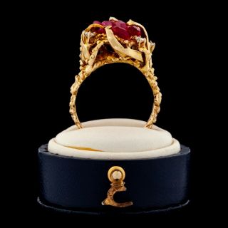 Antique Vintage Deco Mid Century 14k Gold Brutalist Ruby & Diamond Ring Sz 8.  5 2