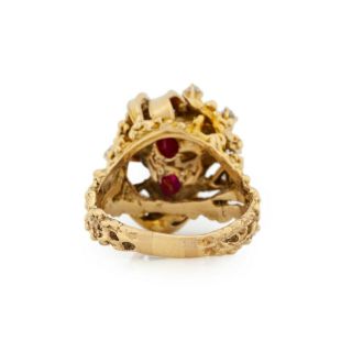 Antique Vintage Deco Mid Century 14k Gold Brutalist Ruby & Diamond Ring Sz 8.  5 6