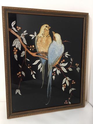 Antique Reverse Painted Foil Art Vintage Framed Art Pair Birds Black Background