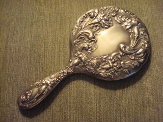 Lovely Antique Art Nouveau Sterling Silver Floral Hand Mirror From Estate